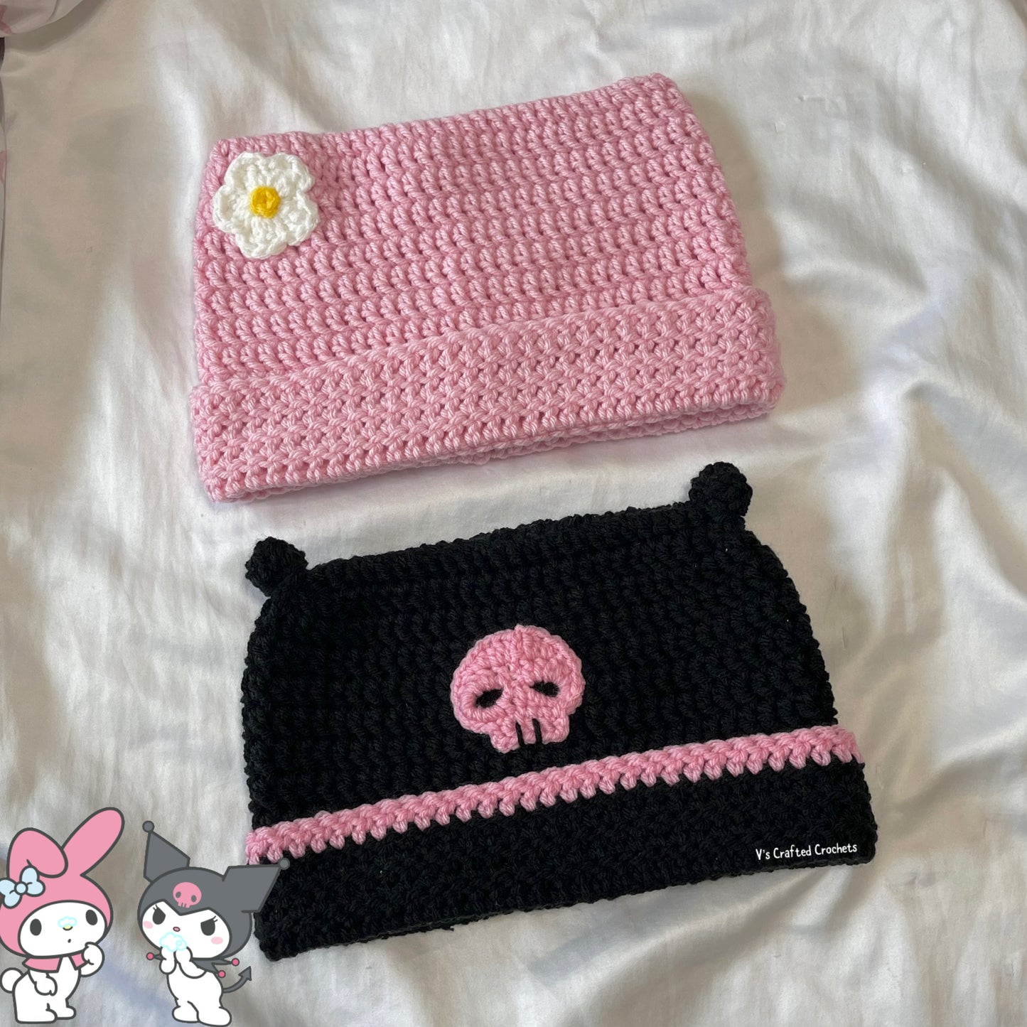 Kuromi & My Melody crochet cat beanies (made to order)
